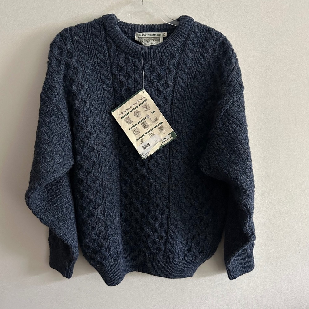 NWT Aran Sweater Market Heavy Weight Fisherman Sweater Blue Small Wool Cable